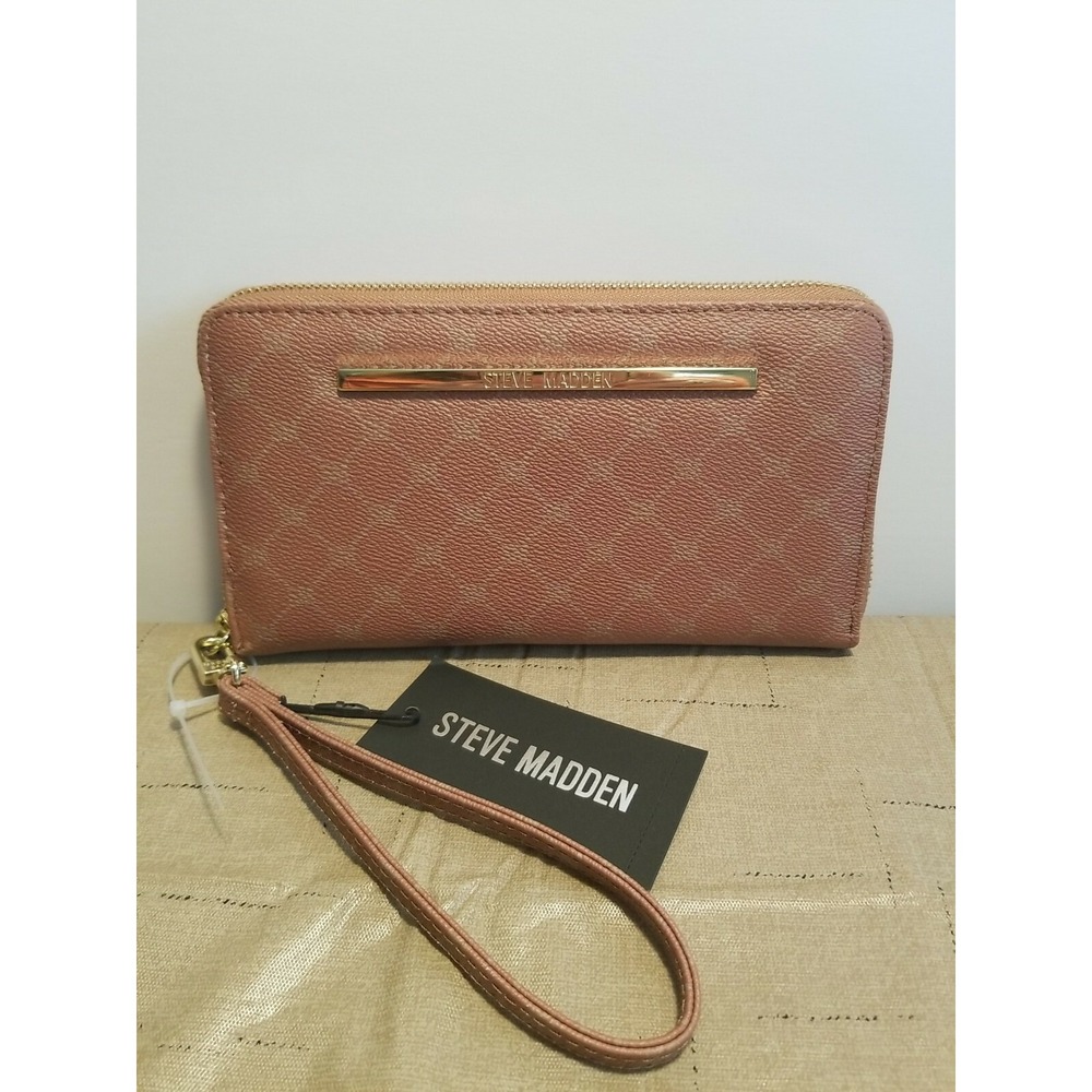 STEVE MADDEN WALLET WRISTLET Cognac COLOR Printed TEXTURED‎ GOLD ZIPPER